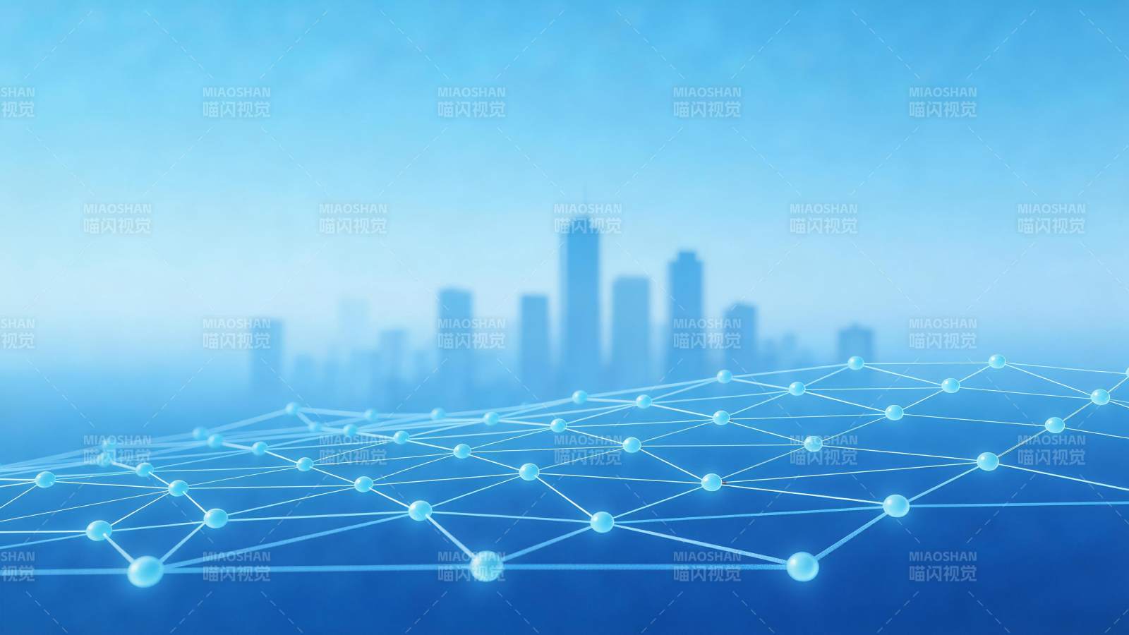蓝色网络连接结构覆盖城市天际线背景图片
