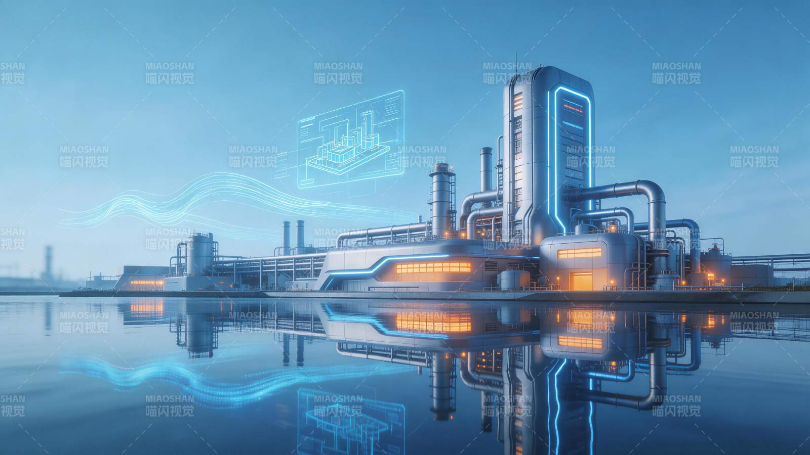 未来风格工业厂区与全息投影系统图片