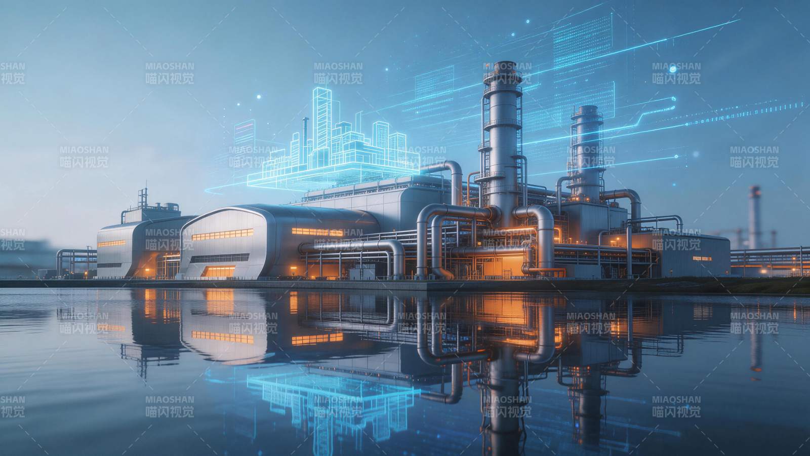 现代化工厂建筑群与数字城市投影夜景图片