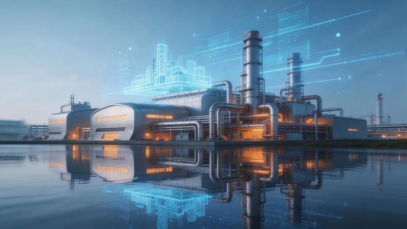 现代化工厂建筑群与数字城市投影夜景图片