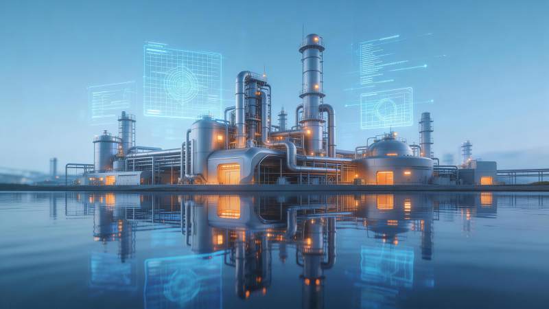 智能化工厂夜景与全息数据界面投影图片