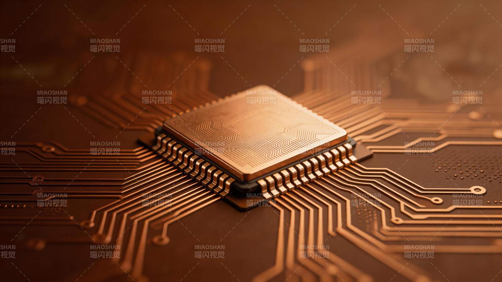 金色芯片置于电路板上的特写细节图片