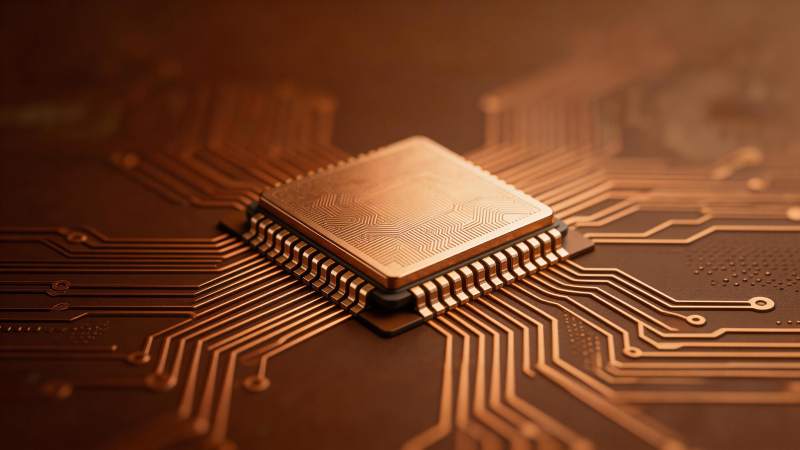 金色芯片置于电路板上的特写细节图片