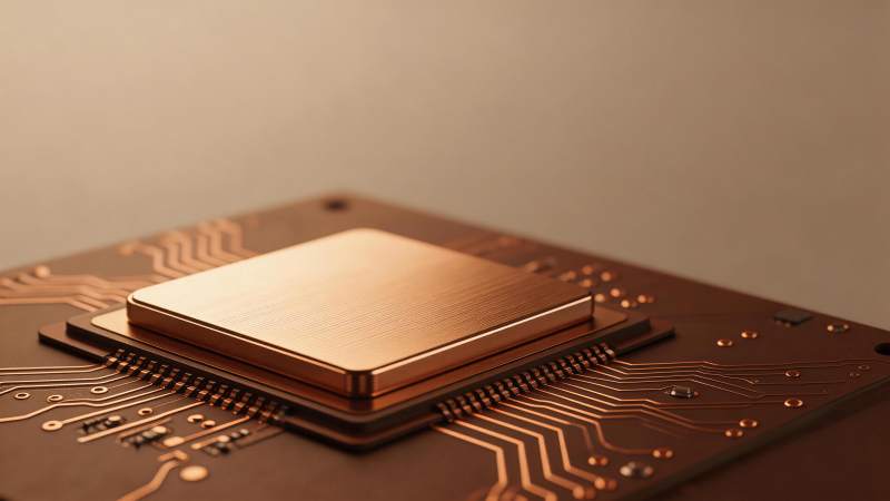 金色芯片安装在电路板上的特写细节图片