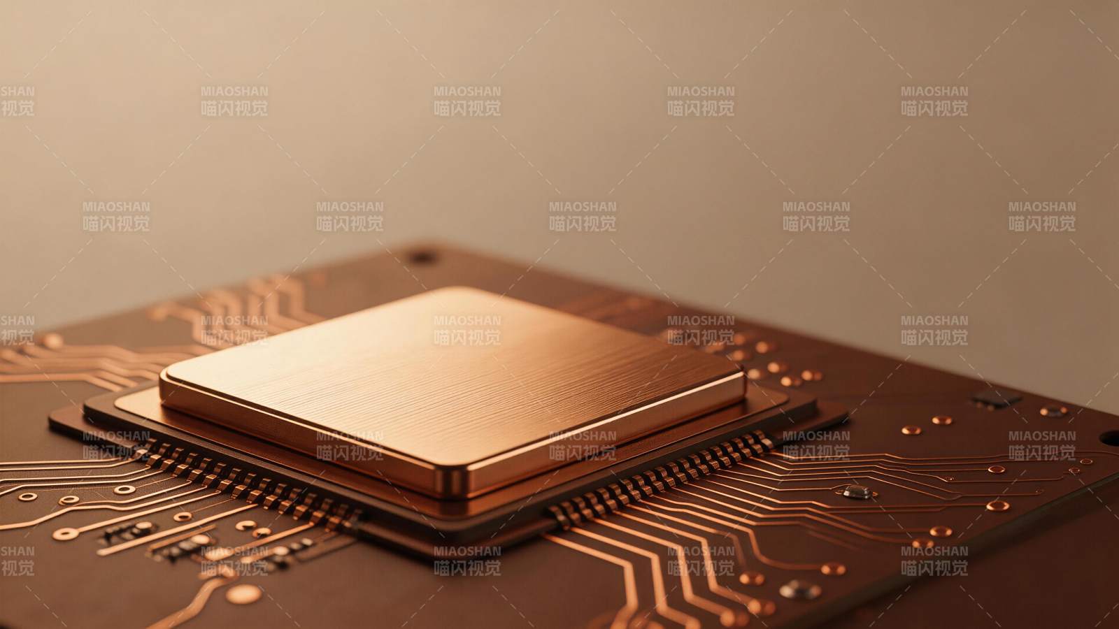 金色芯片安装在电路板上的特写细节图片