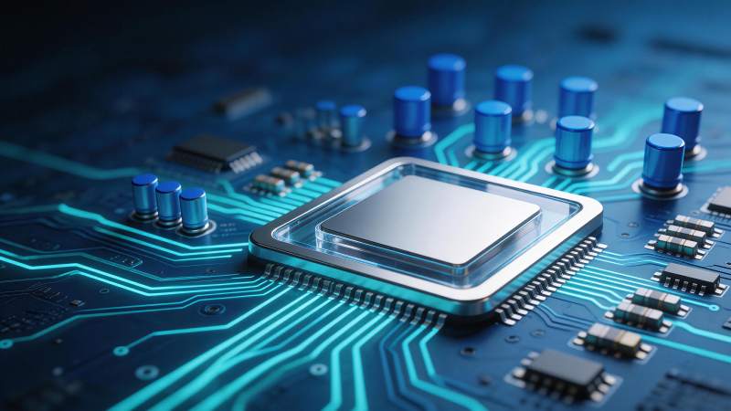 蓝色电路板上的芯片与电子元件特写图片