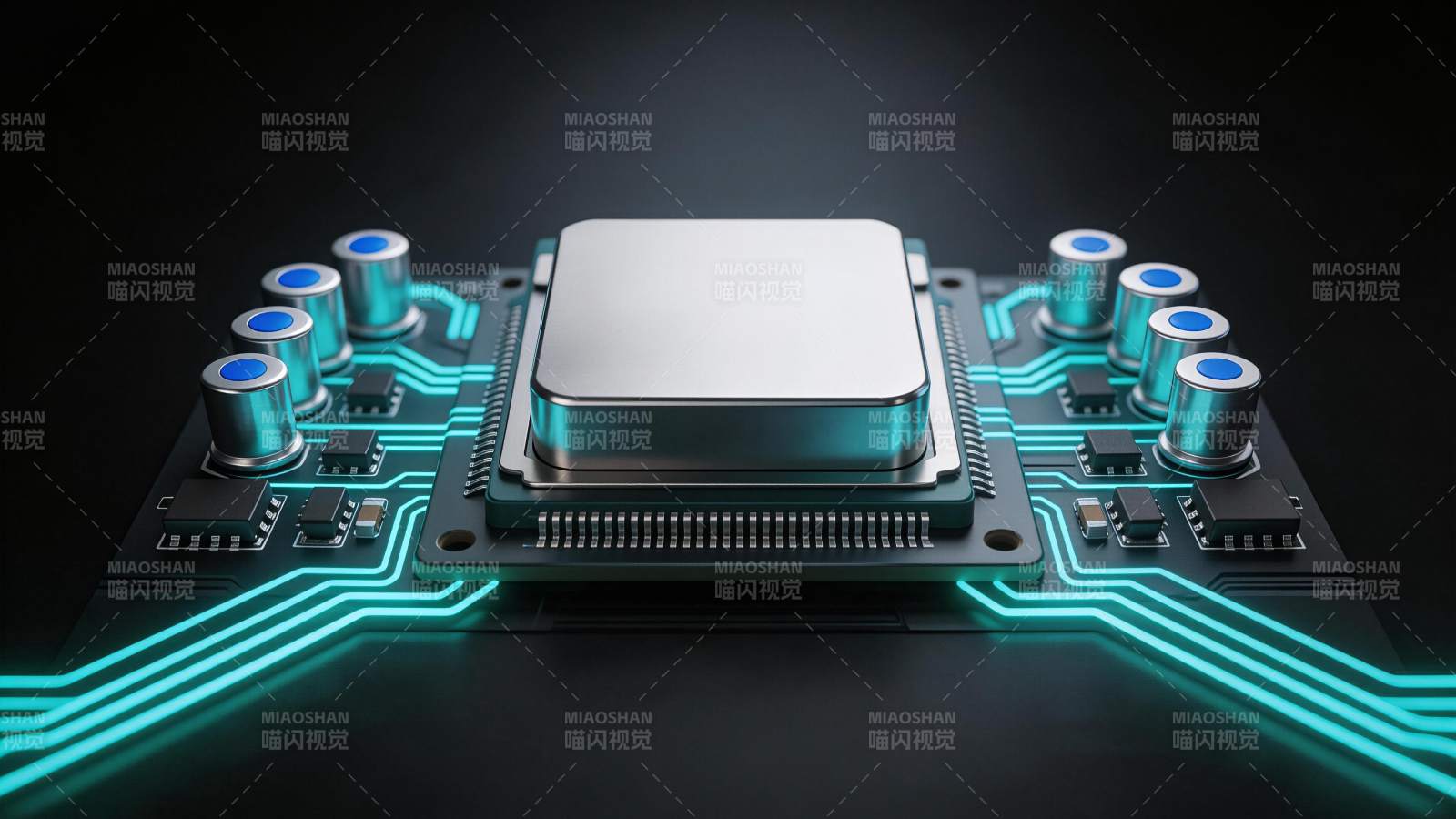 发光电路板上的中央处理器芯片特写图片