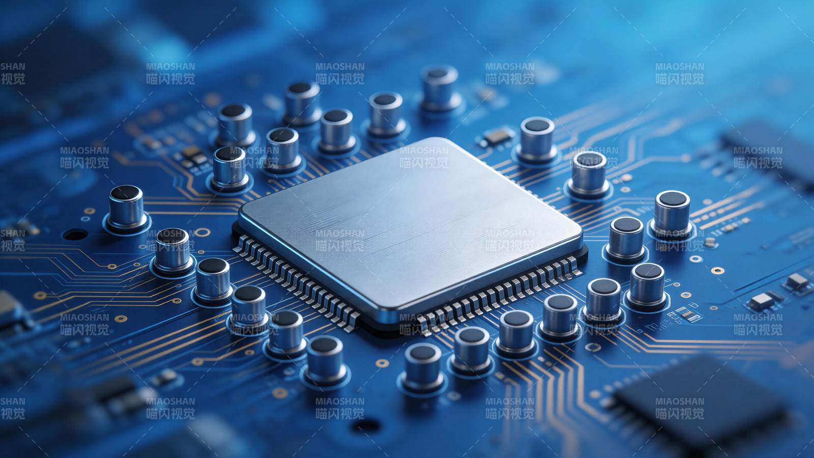 蓝色电路板上的方形芯片与电子元件特写图片