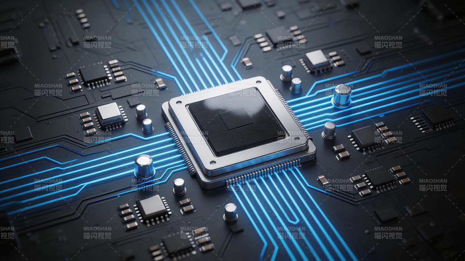 蓝色光效电路板中央处理器特写图片