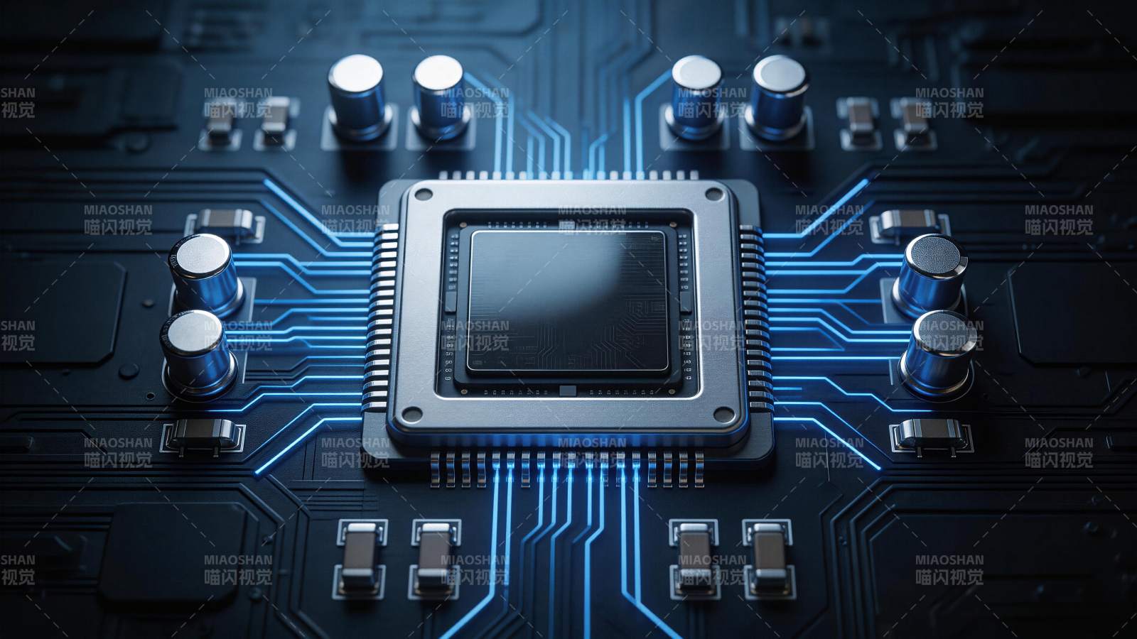 蓝色发光电路板上的中央处理器芯片特写图片