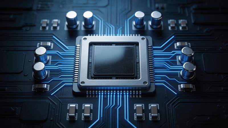 蓝色发光电路板上的中央处理器芯片特写图片