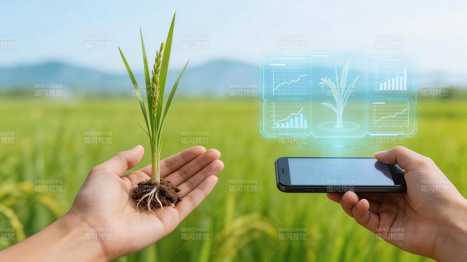 手持稻苗与手机显示农业数据全息图图片