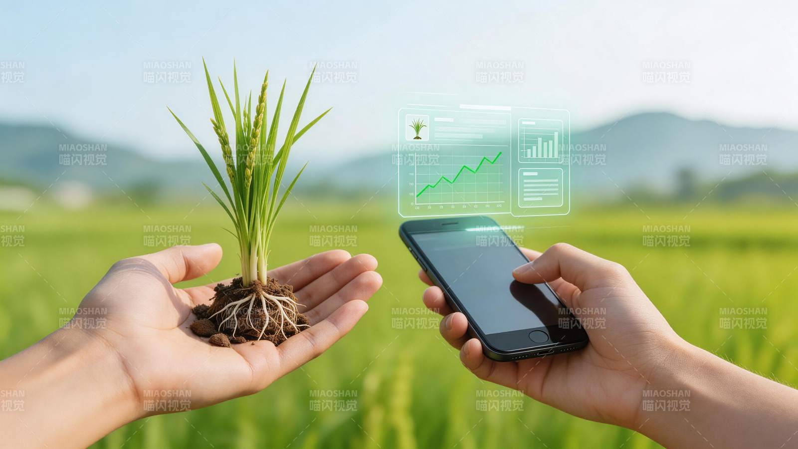 手持稻苗与智能手机展示农业数据图表图片