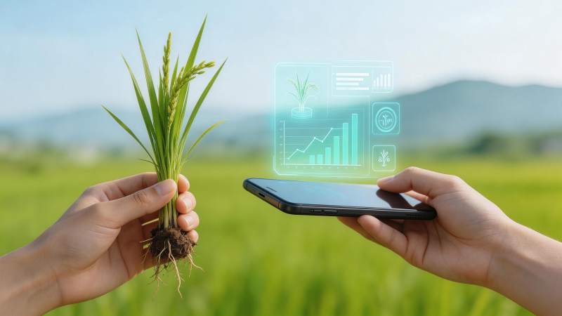 手持稻苗与智能手机展示农业数据图表图片