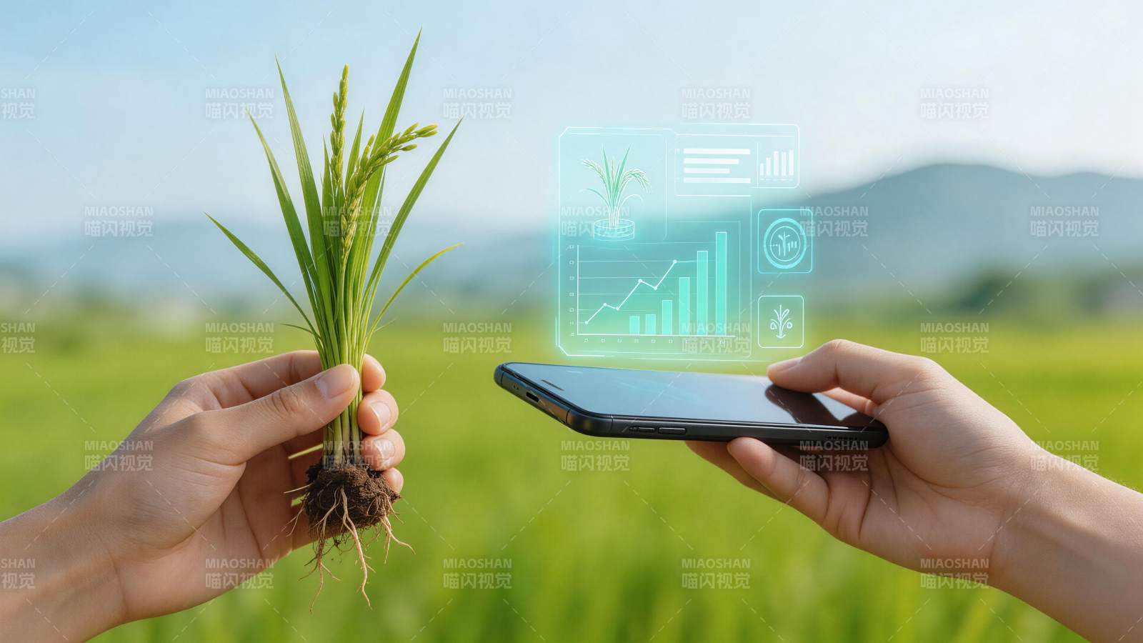 手持稻苗与智能手机展示农业数据图表图片