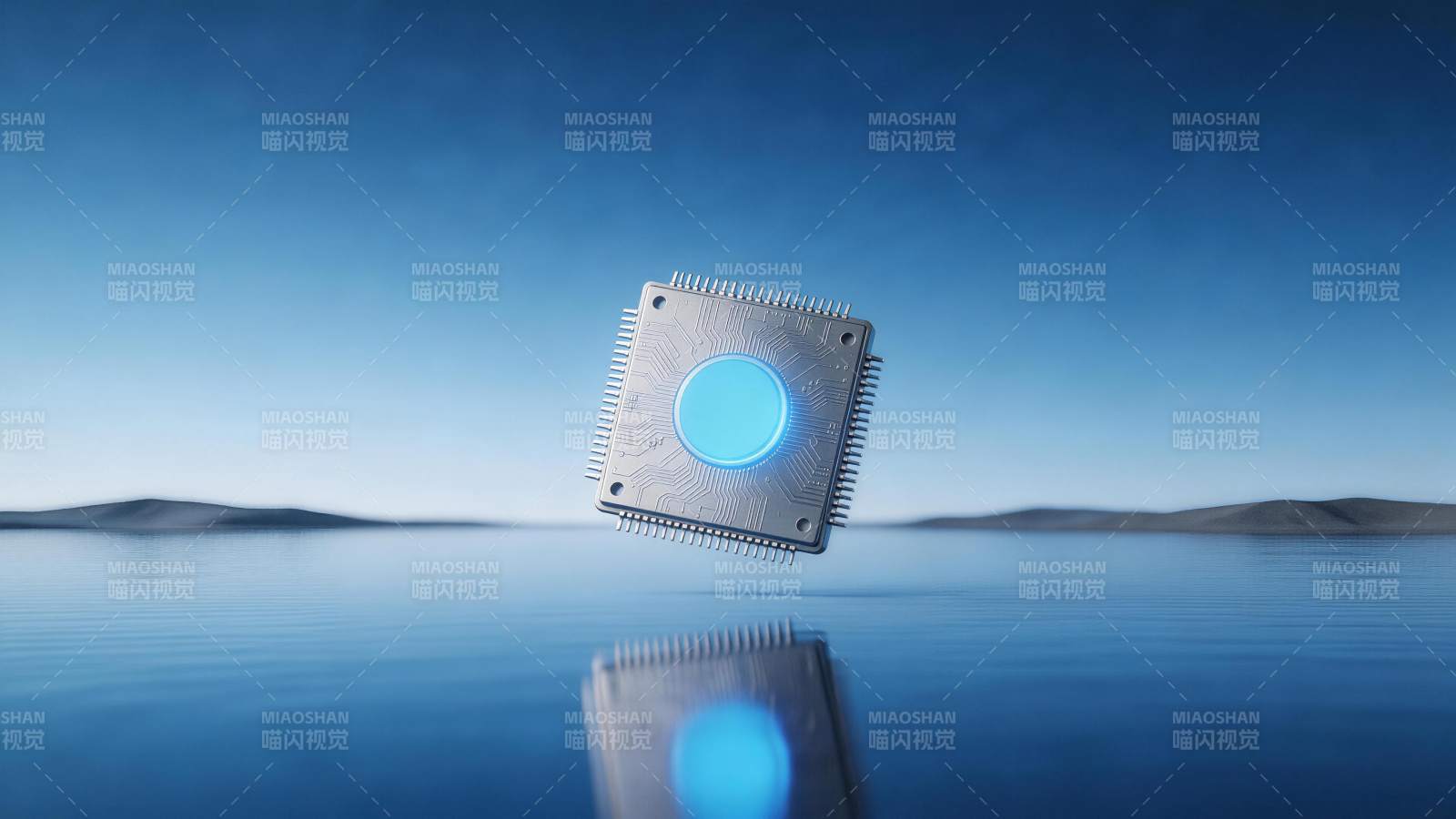 蓝色发光芯片悬浮于水面倒影之上图片