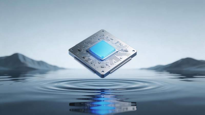 蓝色芯片悬浮水面泛起涟漪背景山峦图片