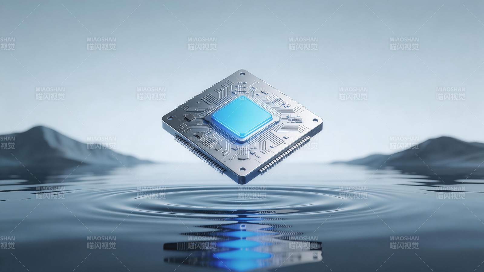 蓝色芯片悬浮水面泛起涟漪背景山峦图片