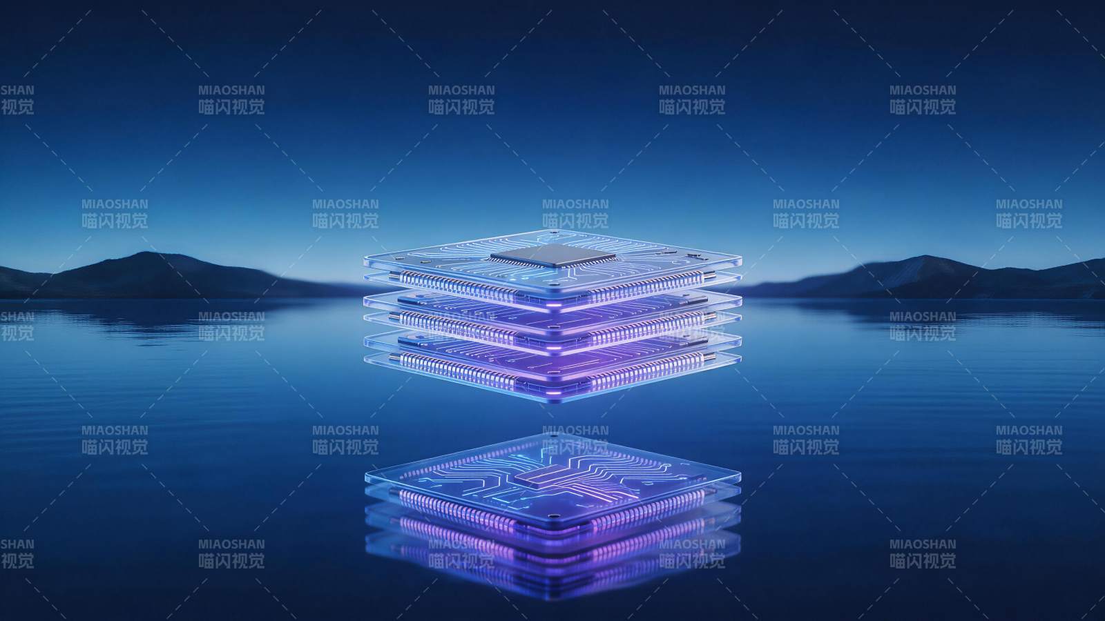 悬浮发光芯片堆叠于水面倒影之上图片