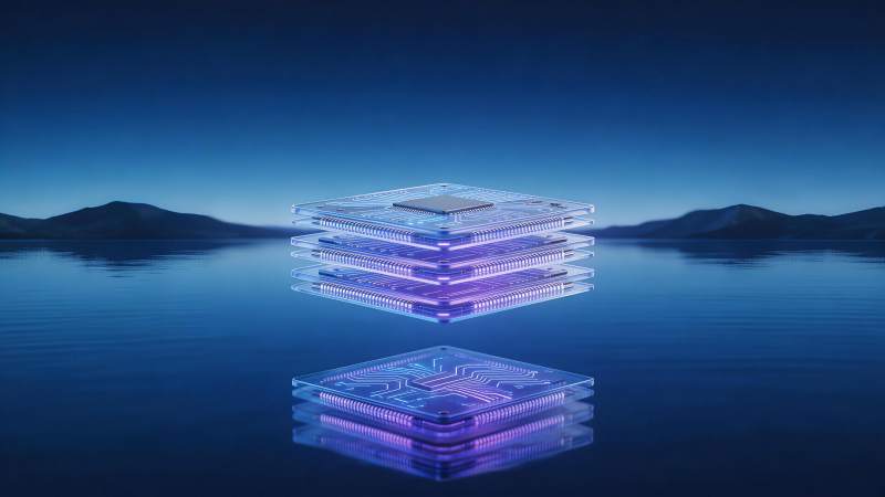 悬浮发光芯片堆叠于水面倒影之上图片