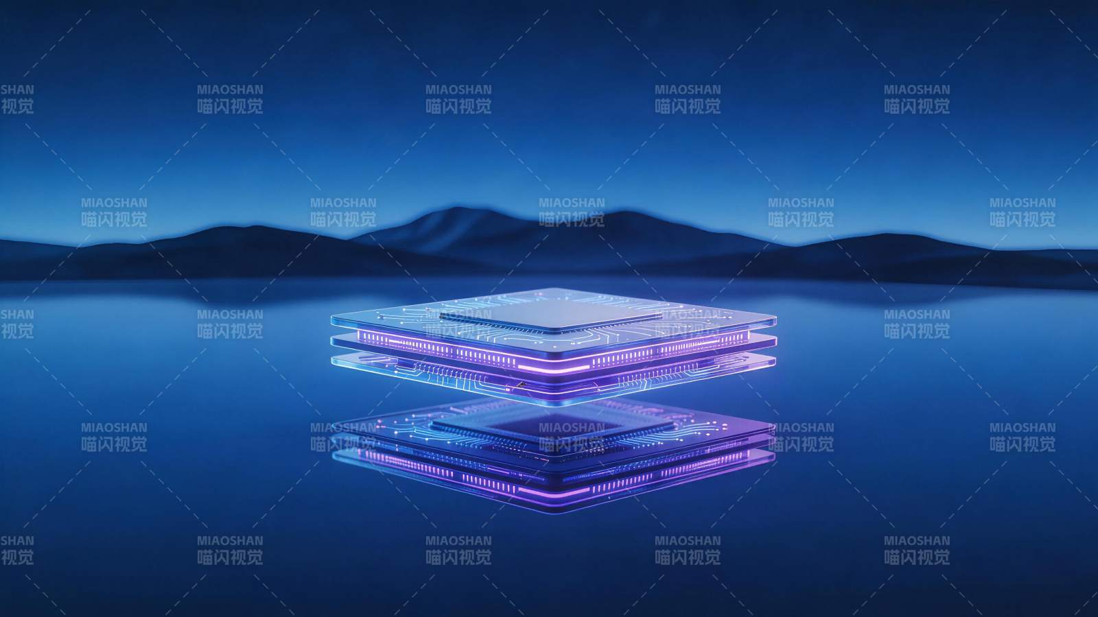 蓝色光影中的多层芯片结构悬浮于水面图片