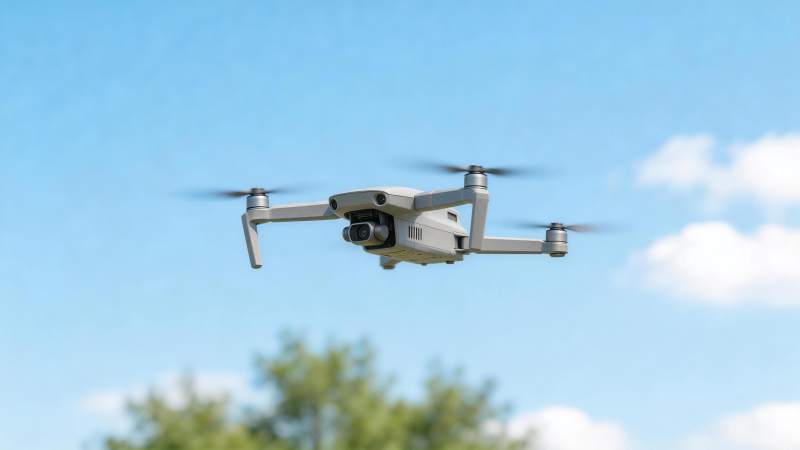 白色四轴无人机空中飞行携带相机图片