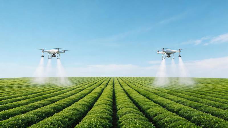 两架无人机在整齐茶园上空喷洒作业图片