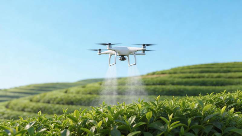 无人机在茶园上空喷洒作业图片