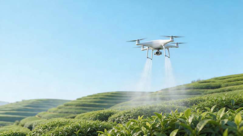 无人机在梯田茶园上空喷洒作业图片