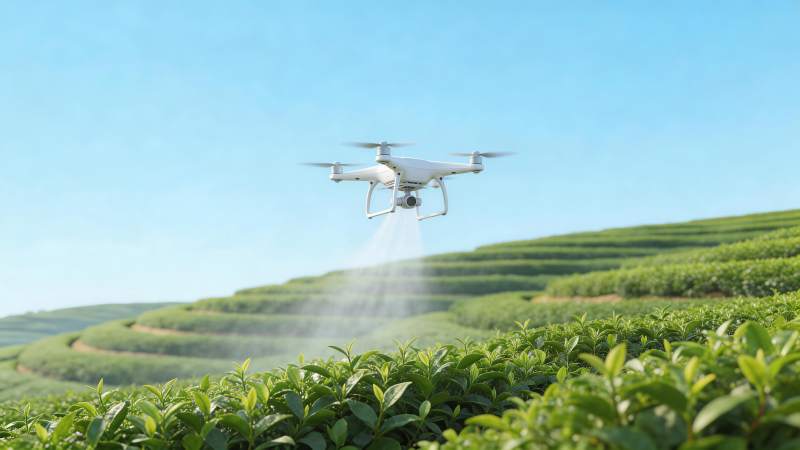 无人机在梯田茶园上空喷洒作业图片