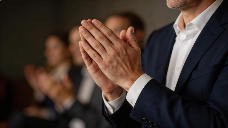 西装男子双手合十鼓掌特写画面图片