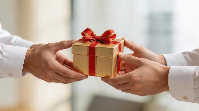 双手交接金色礼盒红色蝴蝶结装饰图片