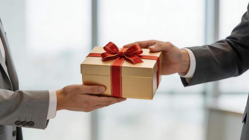 两人交接金色礼盒红色蝴蝶结包装礼物图片