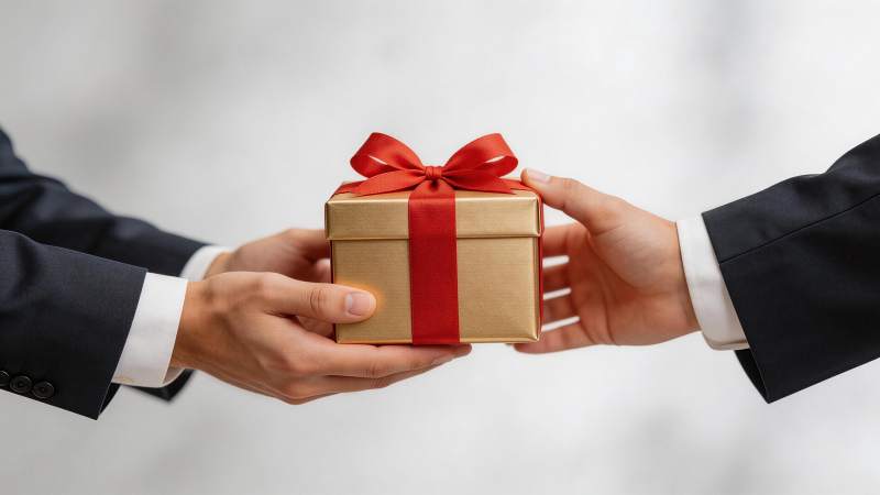 两人身着西装交接金色礼盒赠礼场景图片