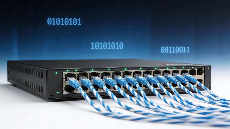 网络交换机连接多根蓝白网线传输数据图片