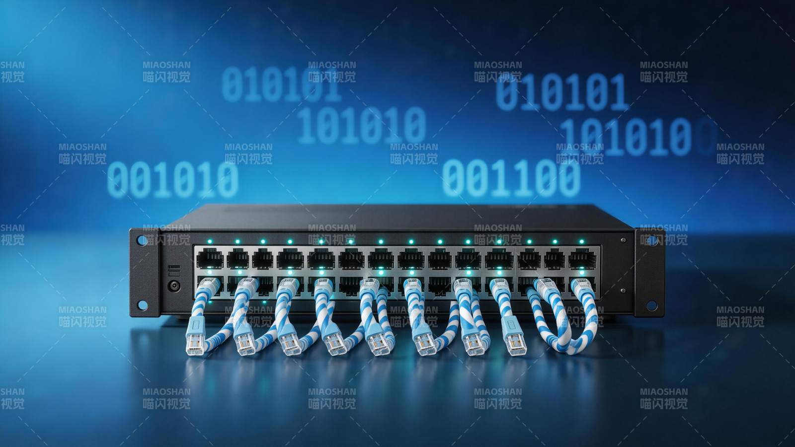 网络交换机连接多根网线并显示二进制数据流图片