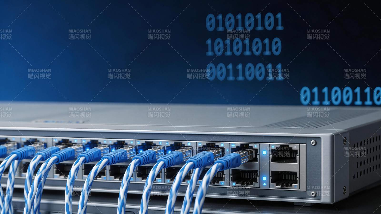 网络交换机连接多根蓝白网线及二进制代码背图片