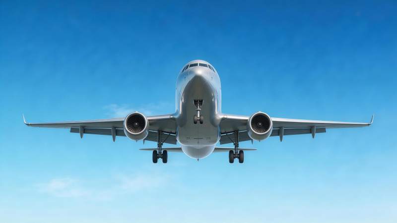 客机正面低空飞行起落架放下状态图片