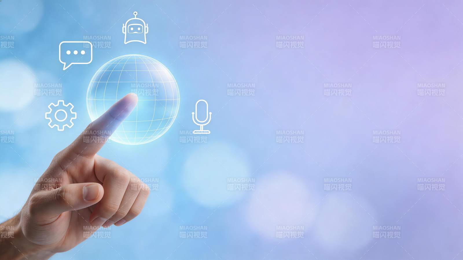 手指触碰全息地球与人工智能图标交互图片