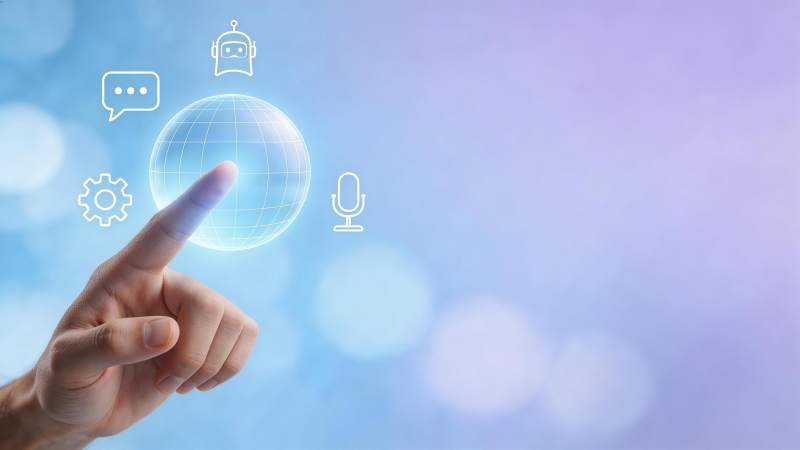 手指触碰全息地球与人工智能图标交互图片