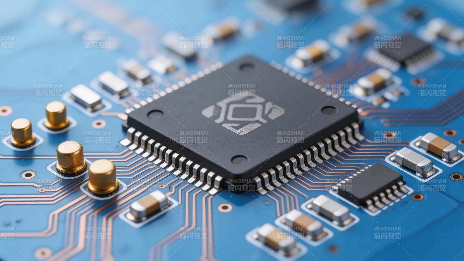 蓝色电路板上的黑色芯片及周边电子元件特写图片