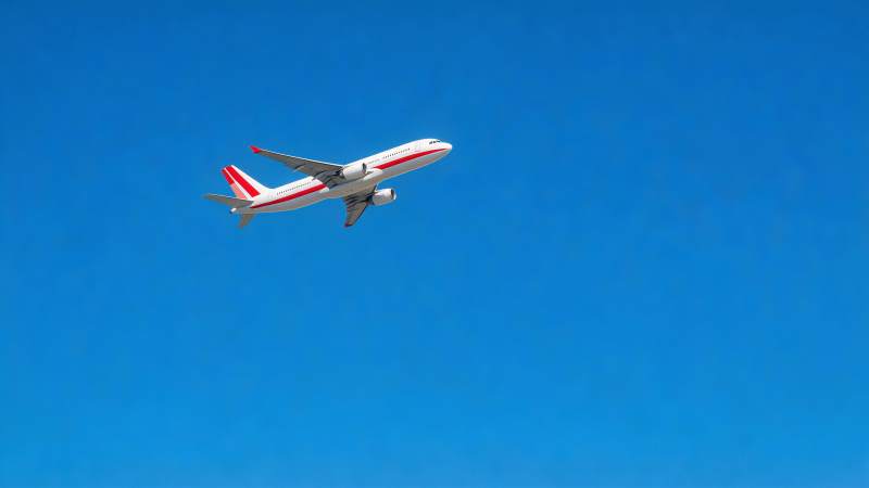 红白涂装客机在蔚蓝天空中飞行图片