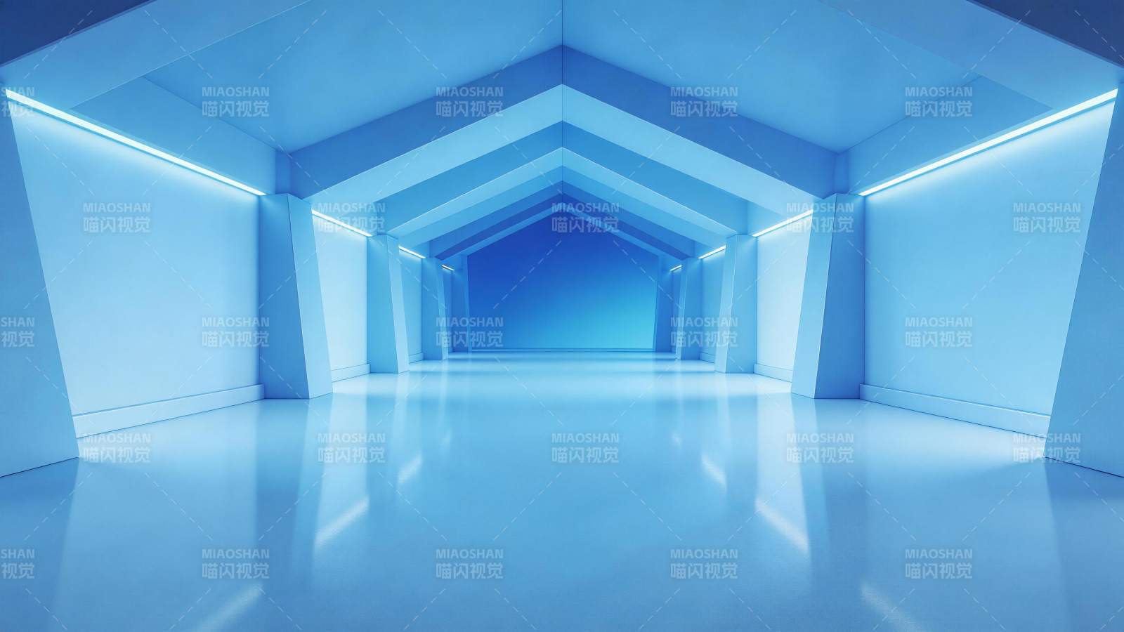 蓝色几何结构走廊光影空间效果图片
