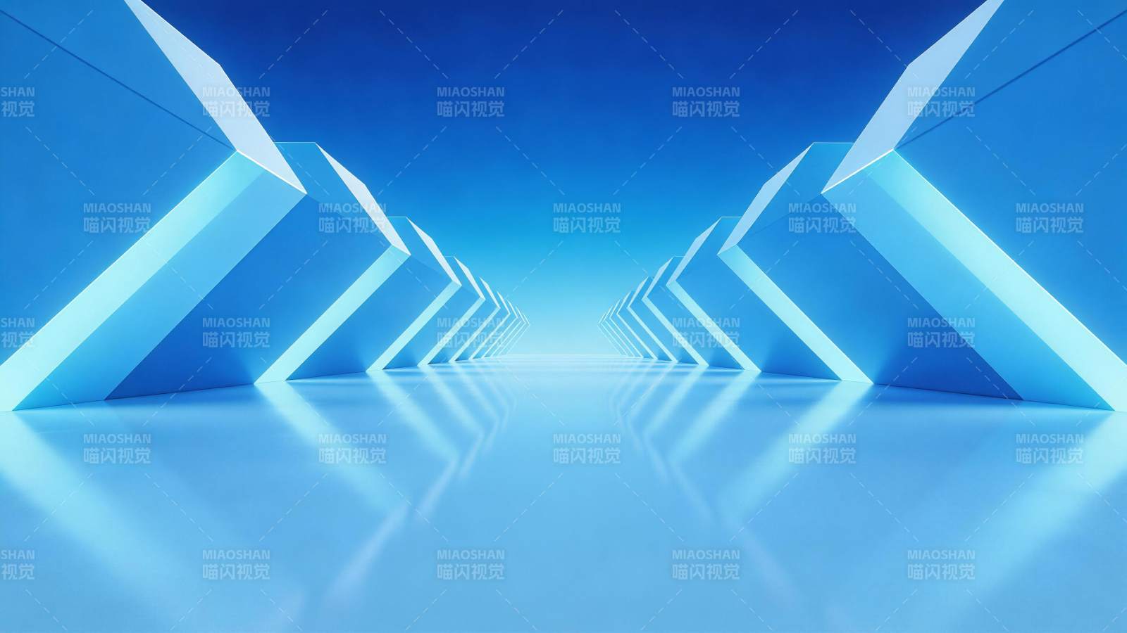 蓝色几何通道延伸至远方的抽象空间图片