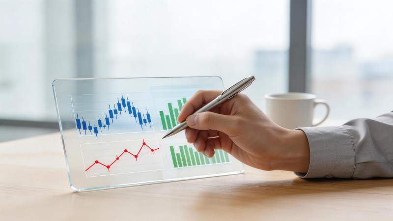 手持钢笔指向透明屏幕上的数据图表图片