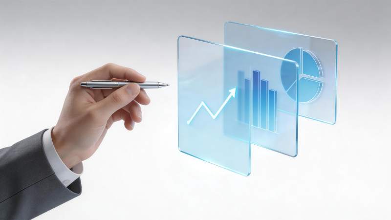 手持钢笔指向透明屏幕上的数据图表图片