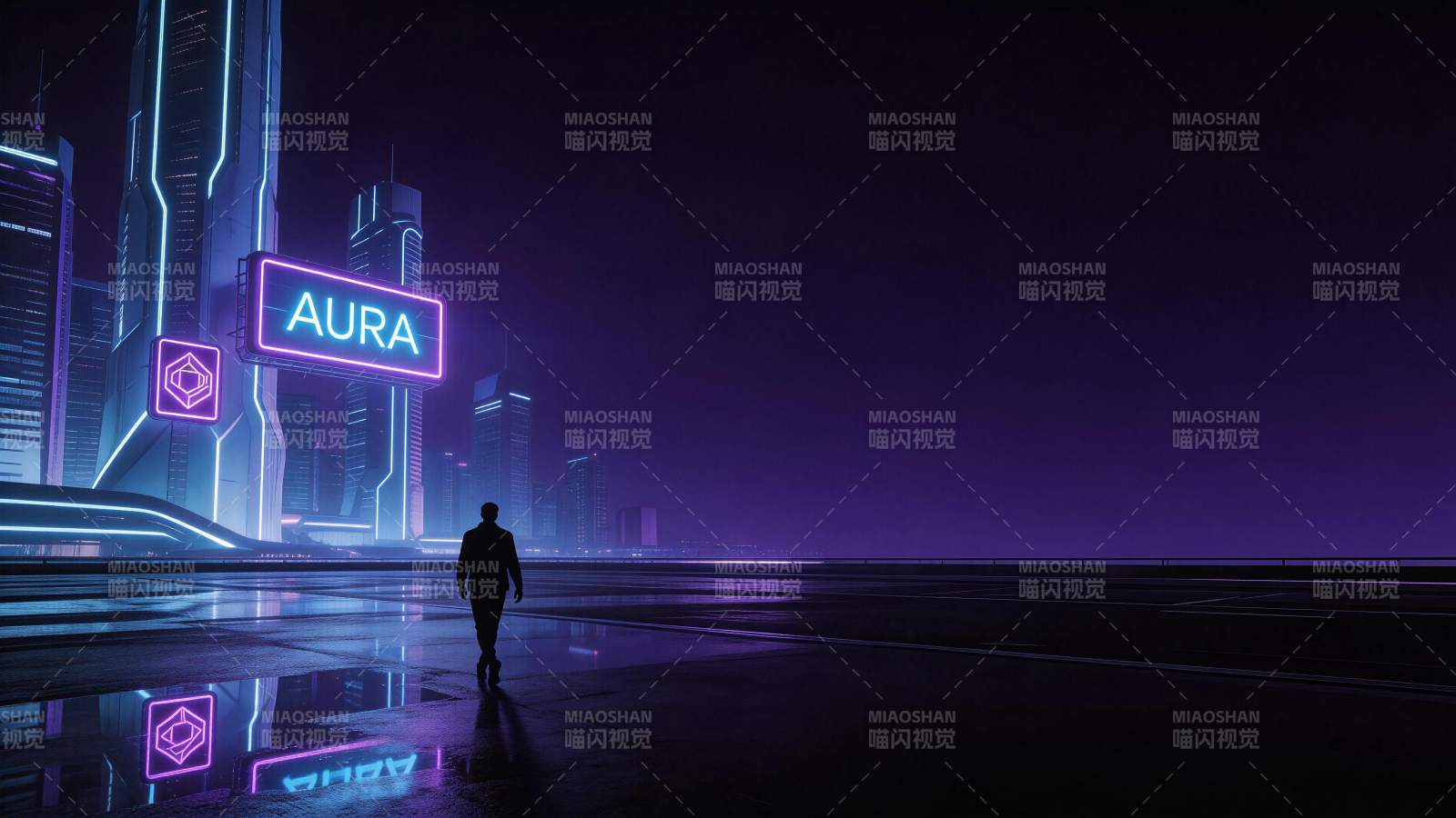 霓虹灯光下的未来都市夜景与行人剪影图片