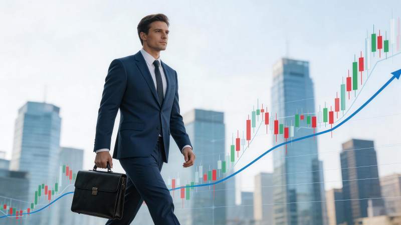 西装男子手提公文包行走于股市图表前图片