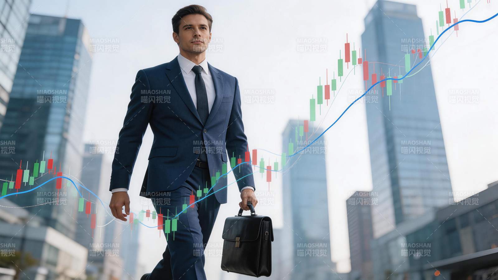 西装男子手提公文包行走于城市金融图表背景图片
