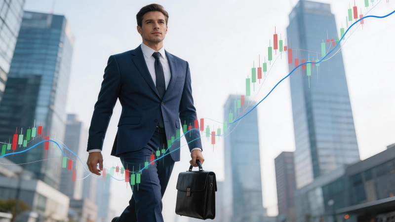 西装男子手提公文包行走于城市金融图表背景图片